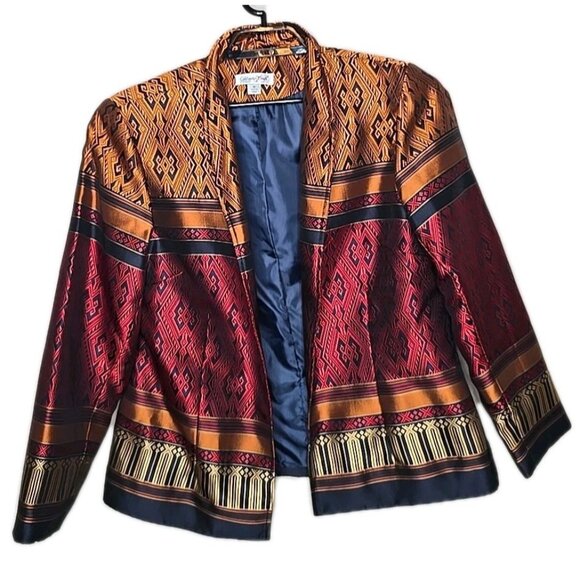 Coldwater Creek Size 16 Ethnic Metallic Rich Artsy Cultured Jacket Blazer Open - Picture 1 of 6